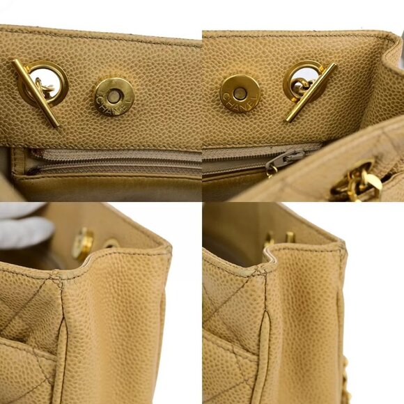 CHANEL CC Matelasse Chain Shoulder Bag Caviar Skin Leather Beige Vintage - Picture 4 of 16